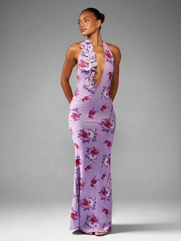 Missguided MISSGUIDED Floral Print Halter Neck Maxi Dress With Ruffle Detail