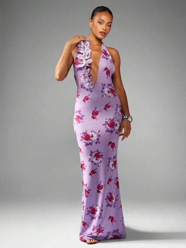missguided MISSGUIDED Floral Print Halter Neck Maxi Dress With Ruffle Detail