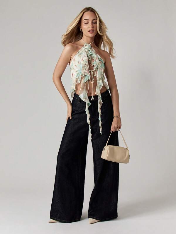 Missguided MISSGUIDED Floral Print Halter Neck Ruffle Top With Front Tie