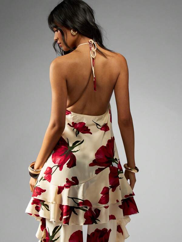 Missguided MISSGUIDED Floral Print Halter Ruffle Tiered Cami