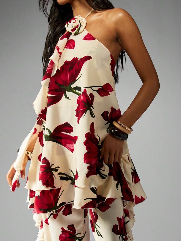 Missguided MISSGUIDED Floral Print Halter Ruffle Tiered Cami
