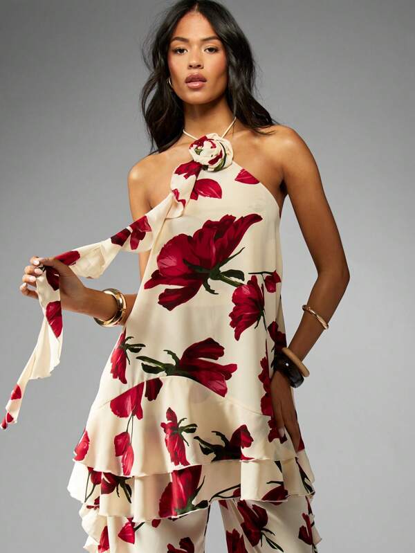 missguided MISSGUIDED Floral Print Halter Ruffle Tiered Cami