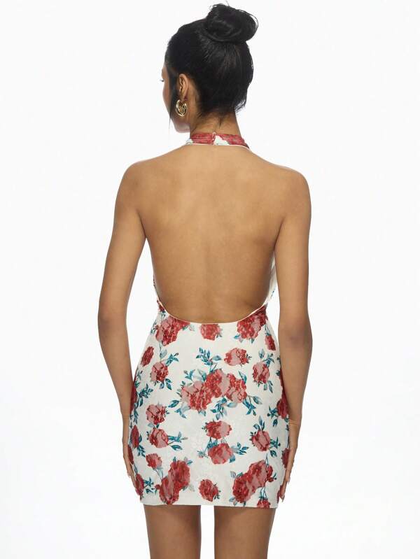 Missguided MISSGUIDED Floral Print Lace Cutout Halter Neck Mini Dress