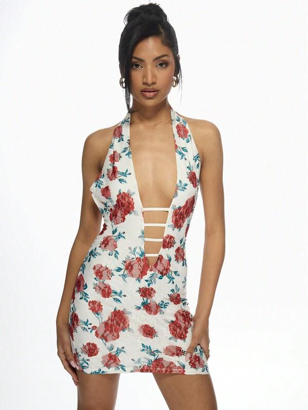 Missguided MISSGUIDED Floral Print Lace Cutout Halter Neck Mini Dress
