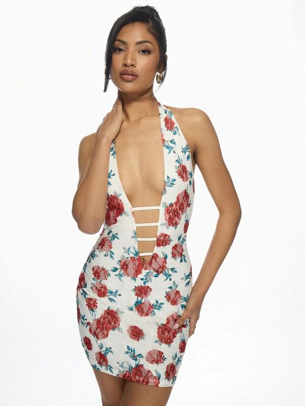 missguided MISSGUIDED Floral Print Lace Cutout Halter Neck Mini Dress
