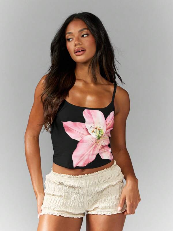Missguided MISSGUIDED Floral Print Lily Design Adjustable Strap Casual Tank Top Cami