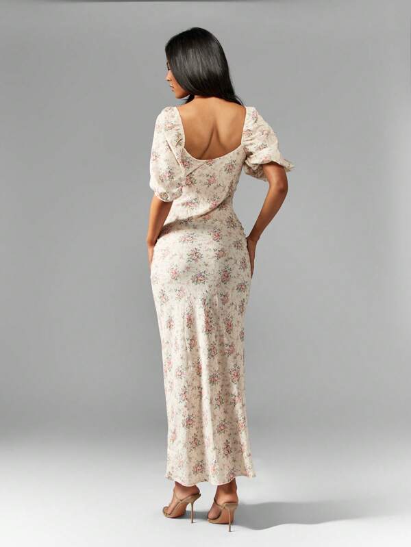 Missguided MISSGUIDED Floral Print Milkmaid Puff Sleeves Empire Waist Long Dress
