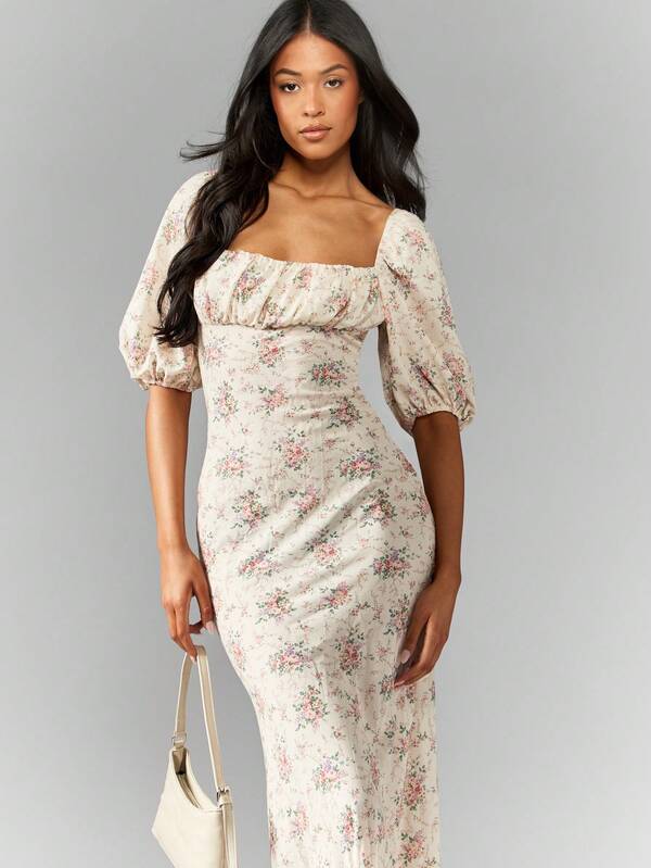 Missguided MISSGUIDED Floral Print Milkmaid Puff Sleeves Empire Waist Long Dress
