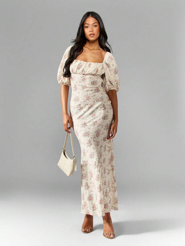 Missguided MISSGUIDED Floral Print Milkmaid Puff Sleeves Empire Waist Long Dress