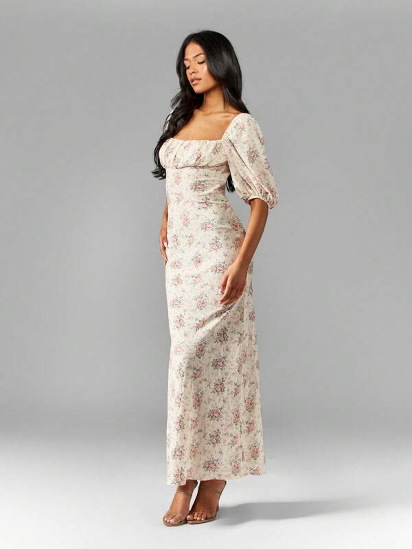 missguided MISSGUIDED Floral Print Milkmaid Puff Sleeves Empire Waist Long Dress