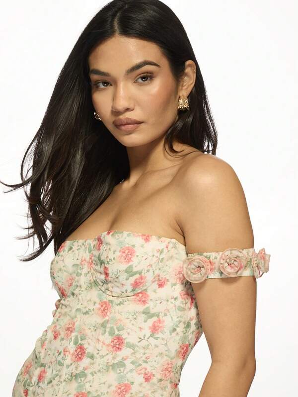 Missguided MISSGUIDED Floral Print Off-Shoulder Bodycon Mini Dress