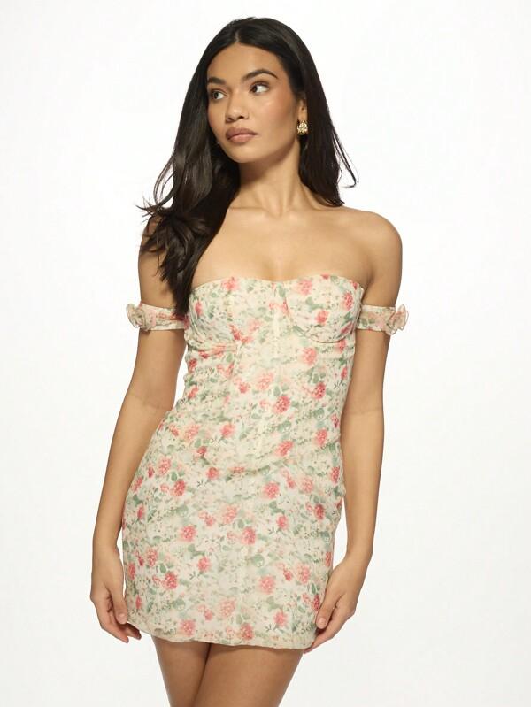 missguided MISSGUIDED Floral Print Off-Shoulder Bodycon Mini Dress