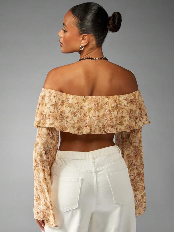 Missguided MISSGUIDED Floral Print Off Shoulder Crop Top With Ruffle Overlay