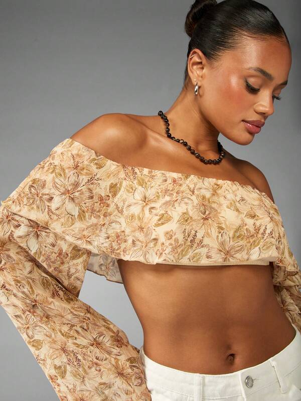 Missguided MISSGUIDED Floral Print Off Shoulder Crop Top With Ruffle Overlay