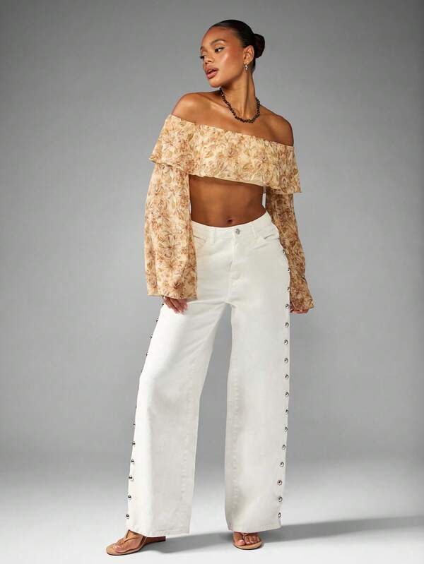 Missguided MISSGUIDED Floral Print Off Shoulder Crop Top With Ruffle Overlay