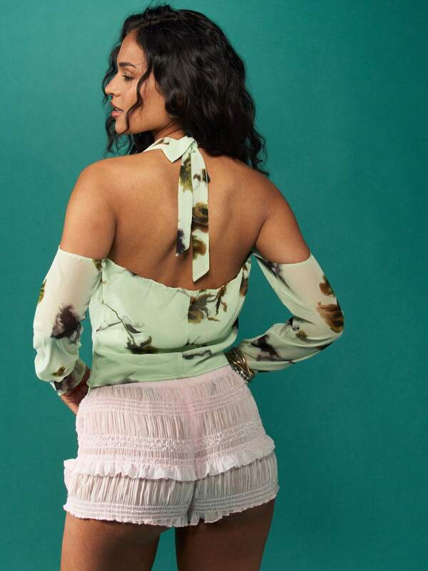 Missguided MISSGUIDED Floral Print Off-Shoulder Draped Long Sleeve Blouse
