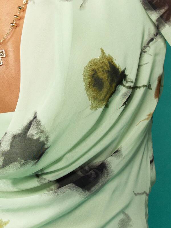 Missguided MISSGUIDED Floral Print Off-Shoulder Draped Long Sleeve Blouse