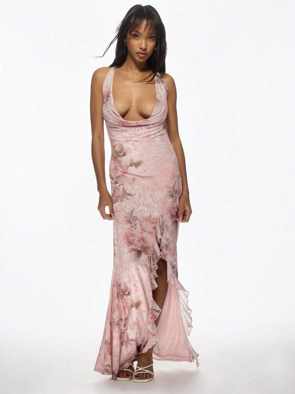 missguided MISSGUIDED Floral Print Plunge Neck Long Evening Gown