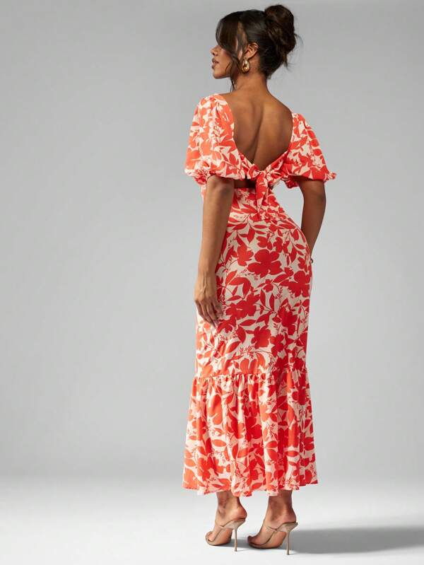 Missguided MISSGUIDED Floral Print Puff Sleeve Long Dress With Square Neckline