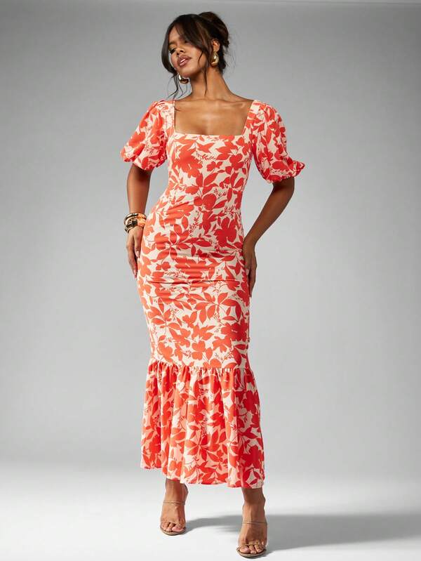 Missguided MISSGUIDED Floral Print Puff Sleeve Long Dress With Square Neckline