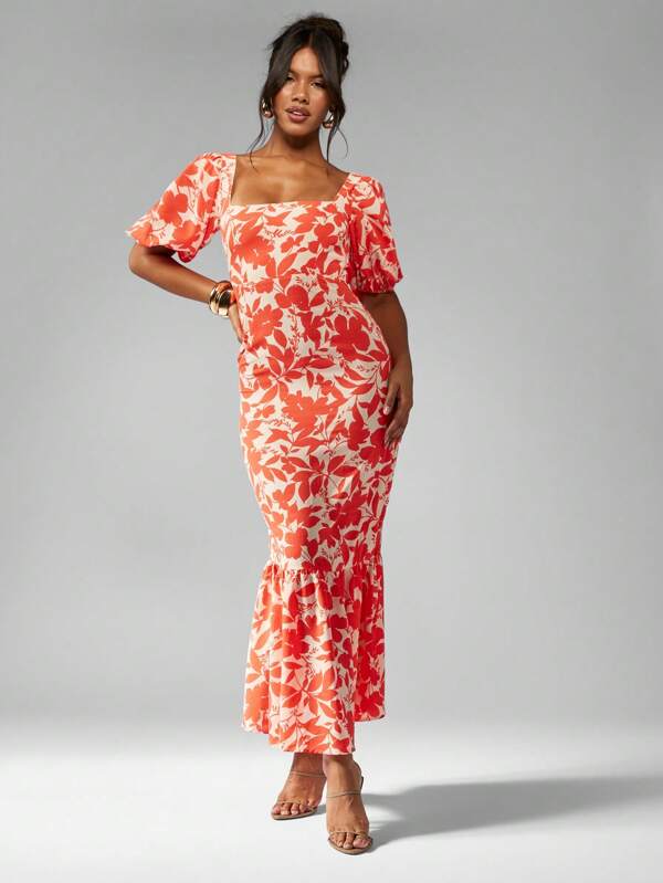 missguided MISSGUIDED Floral Print Puff Sleeve Long Dress With Square Neckline