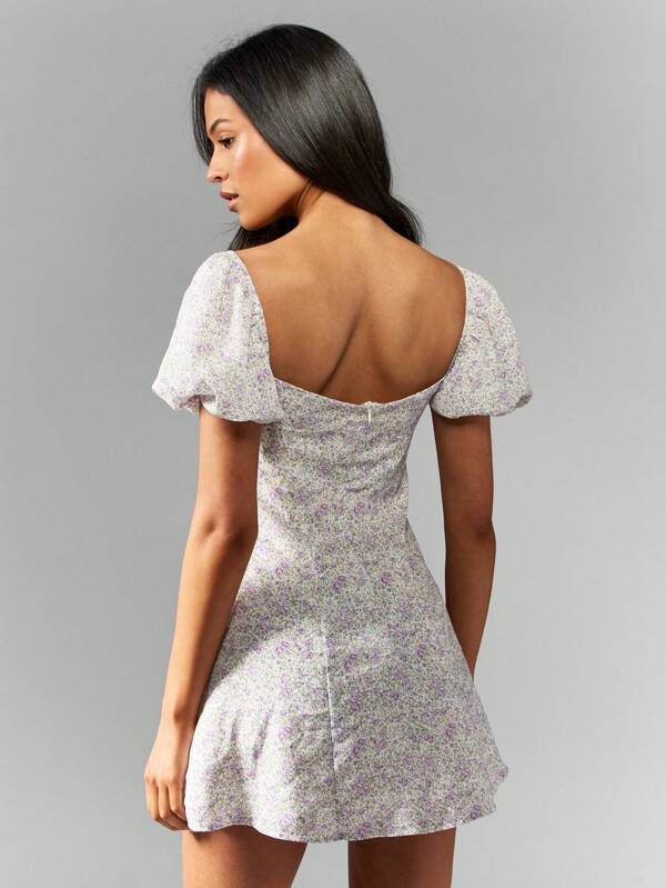 Missguided MISSGUIDED Floral Print Puff Sleeve Sweetheart Neckline Mini Dress