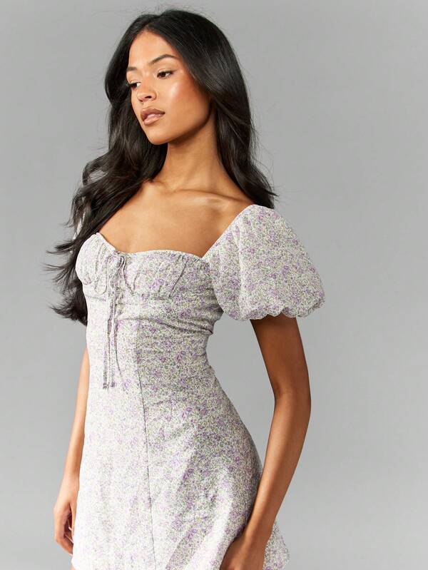 Missguided MISSGUIDED Floral Print Puff Sleeve Sweetheart Neckline Mini Dress