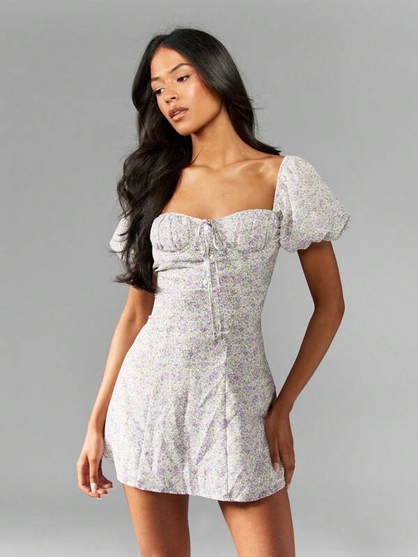 missguided MISSGUIDED Floral Print Puff Sleeve Sweetheart Neckline Mini Dress