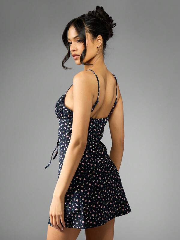 Missguided MISSGUIDED Floral Print Ruched Bustier Tie Front Adjustable Spaghetti Straps Mini Dress