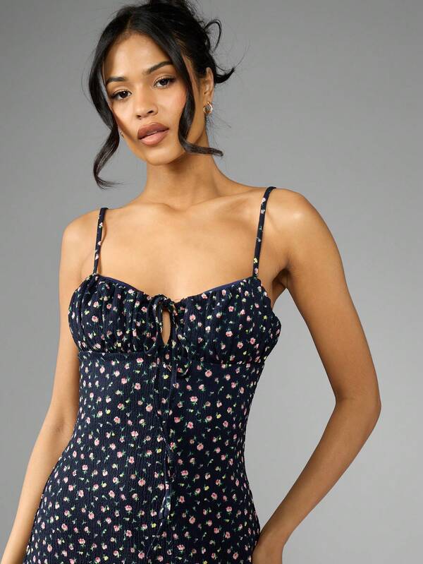 Missguided MISSGUIDED Floral Print Ruched Bustier Tie Front Adjustable Spaghetti Straps Mini Dress