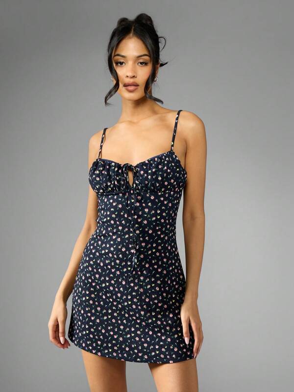 missguided MISSGUIDED Floral Print Ruched Bustier Tie Front Adjustable Spaghetti Straps Mini Dress