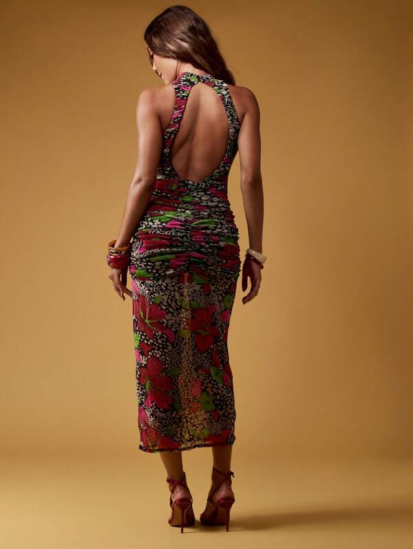 Missguided MISSGUIDED Floral Print Ruched High Neck Halter Open Back Maxi Dress