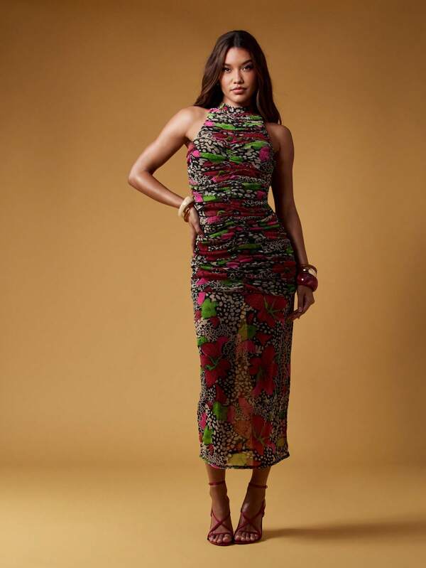 missguided MISSGUIDED Floral Print Ruched High Neck Halter Open Back Maxi Dress