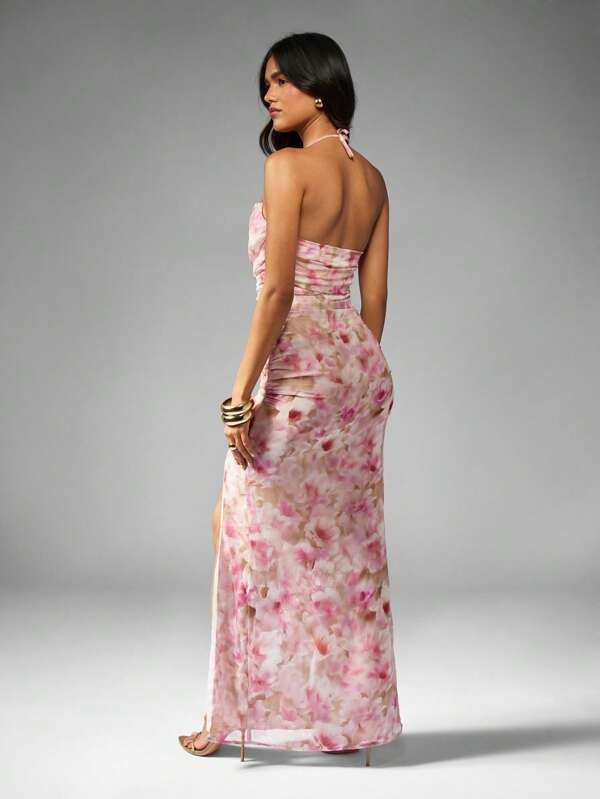 Missguided MISSGUIDED Floral Print Ruched Maxi Dress With Halter Neck And Side Slit