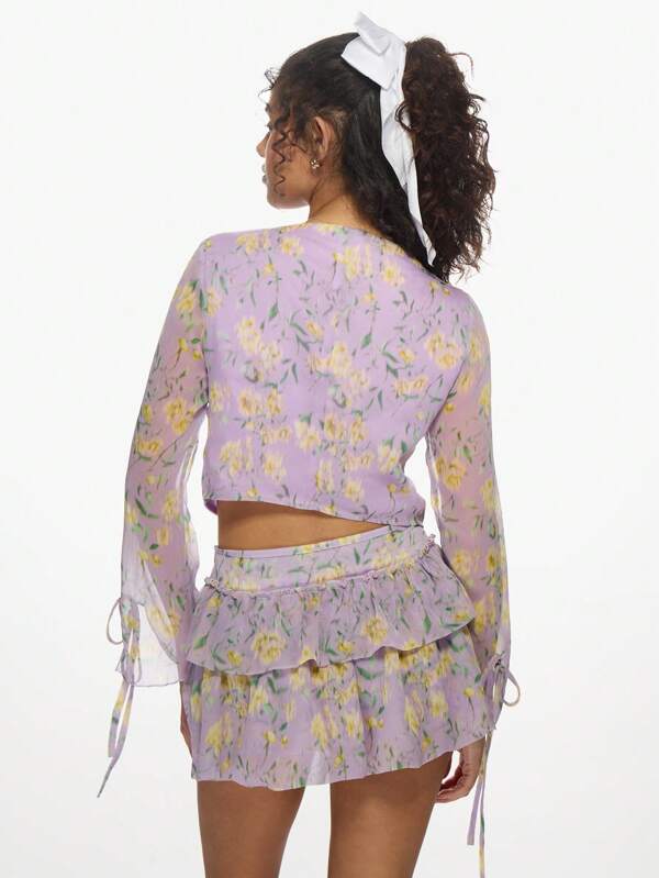 Missguided MISSGUIDED Floral Print Ruffle Chiffon Long Sleeve Boho Two-Piece Outfits Tie Detail