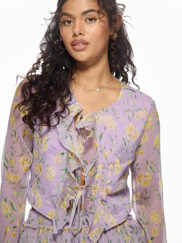 Missguided MISSGUIDED Floral Print Ruffle Chiffon Long Sleeve Boho Two-Piece Outfits Tie Detail