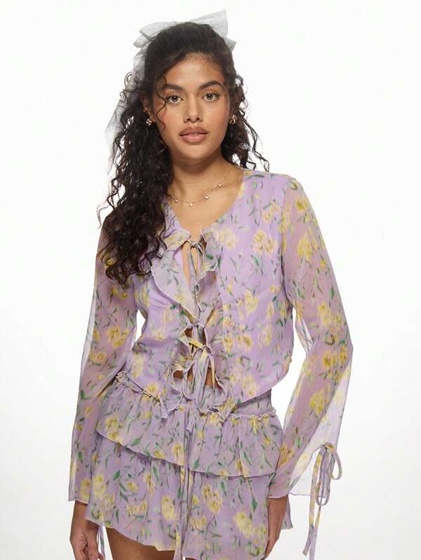 missguided MISSGUIDED Floral Print Ruffle Chiffon Long Sleeve Boho Two-Piece Outfits Tie Detail