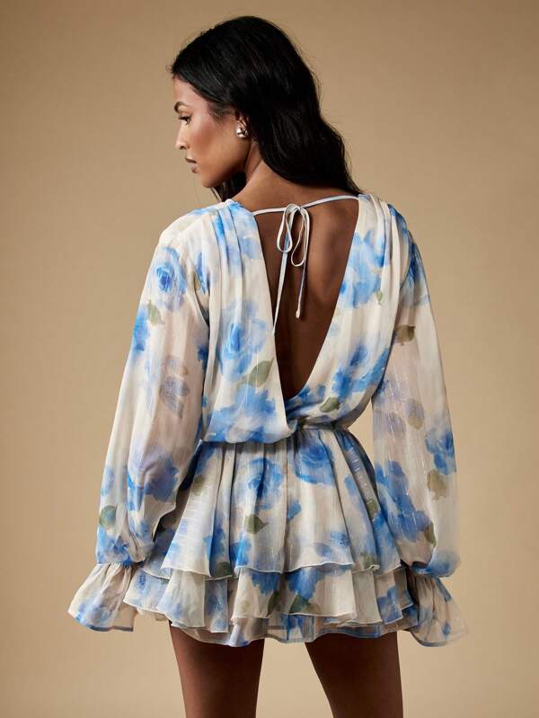 Missguided MISSGUIDED Floral Print Ruffle Long Sleeve Deep V-Neck Mini Dress