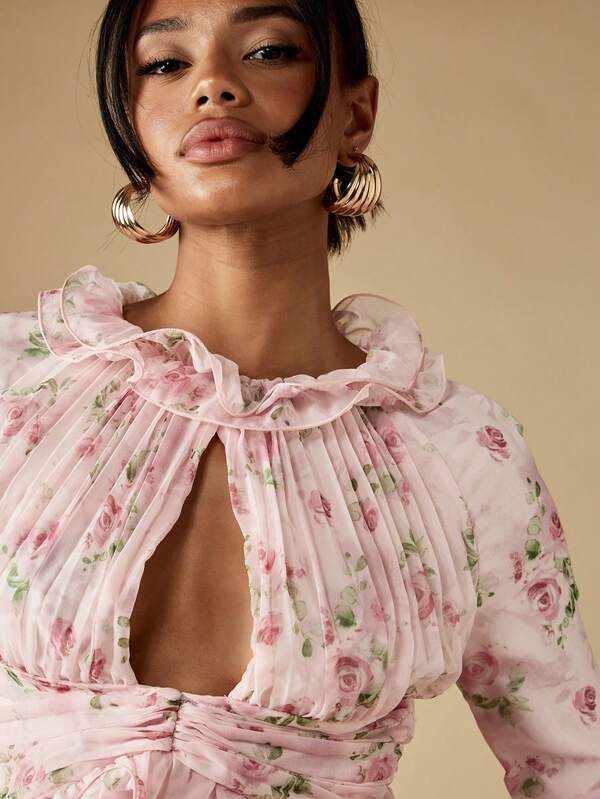 Missguided MISSGUIDED Floral Print Ruffle Neck Blouse With Keyhole Front