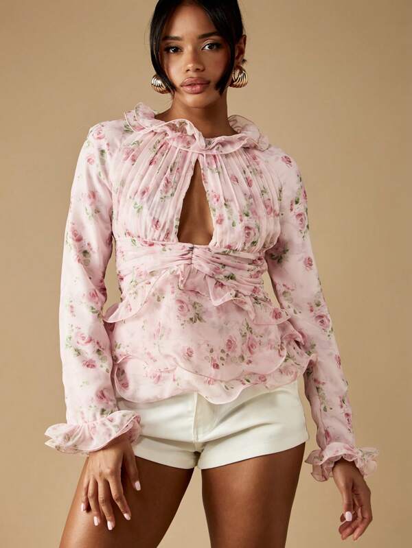 missguided MISSGUIDED Floral Print Ruffle Neck Blouse With Keyhole Front