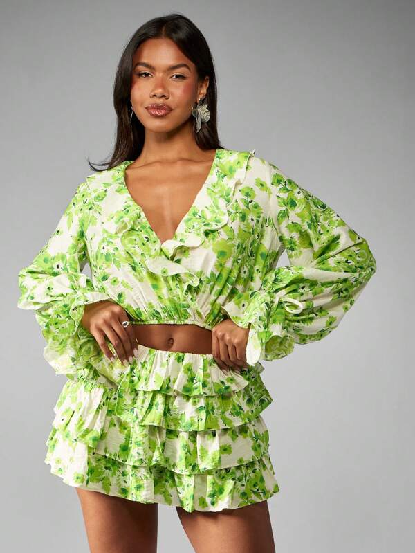 Missguided MISSGUIDED Floral Print Ruffle Puff Sleeve Crop Top