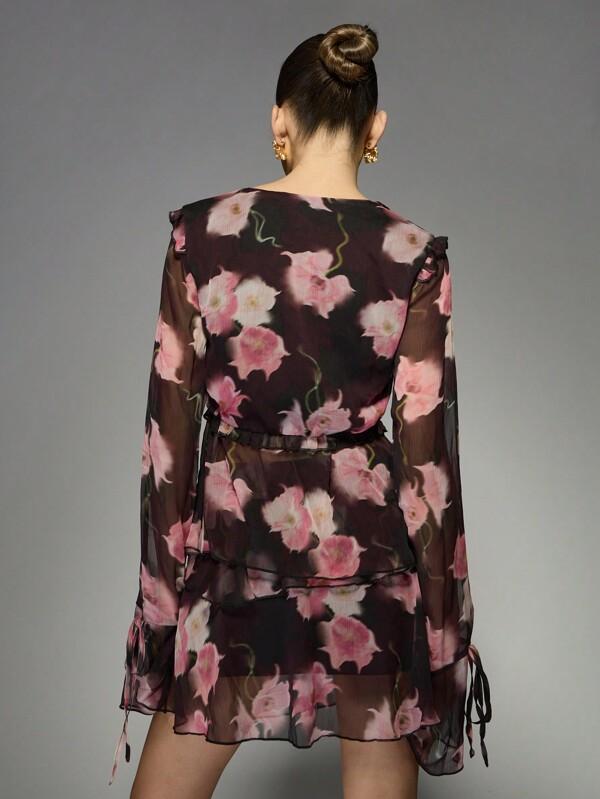 Missguided MISSGUIDED Floral Print Ruffle Trim Chiffon Two-Piece Mini Dress Set
