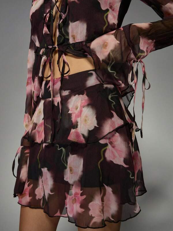 Missguided MISSGUIDED Floral Print Ruffle Trim Chiffon Two-Piece Mini Dress Set