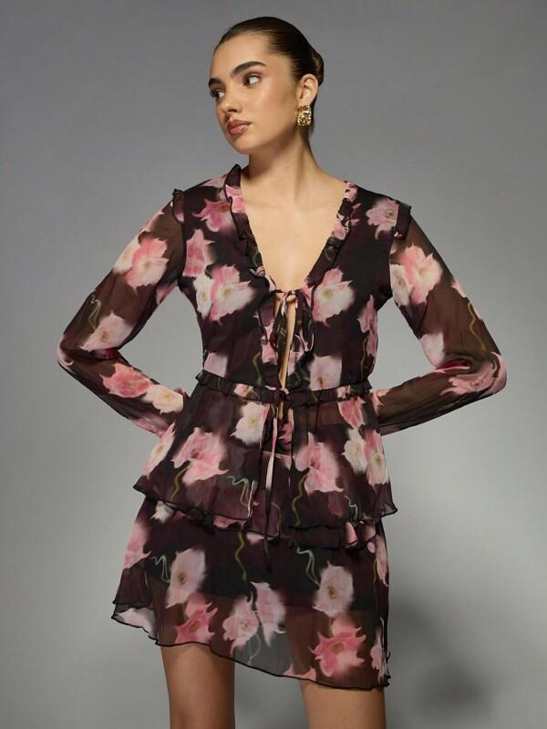 missguided MISSGUIDED Floral Print Ruffle Trim Chiffon Two-Piece Mini Dress Set