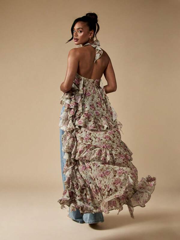 Missguided MISSGUIDED Floral Print Ruffled Chiffon Beach Cover Up