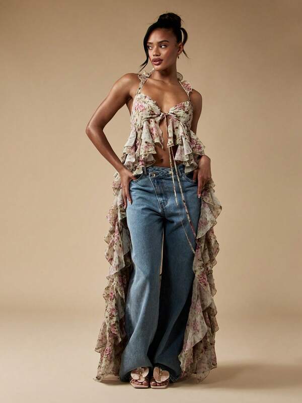 Missguided MISSGUIDED Floral Print Ruffled Chiffon Beach Cover Up