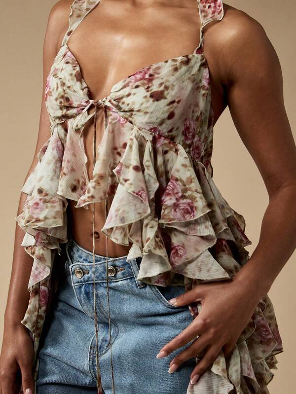 Missguided MISSGUIDED Floral Print Ruffled Chiffon Beach Cover Up