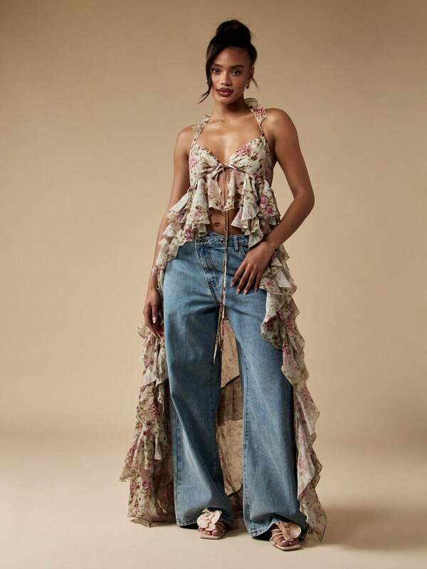 missguided MISSGUIDED Floral Print Ruffled Chiffon Beach Cover Up