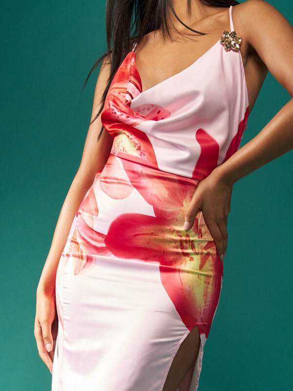 Missguided MISSGUIDED Floral Print Satin Cowl Neck Side Slit Maxi Dress