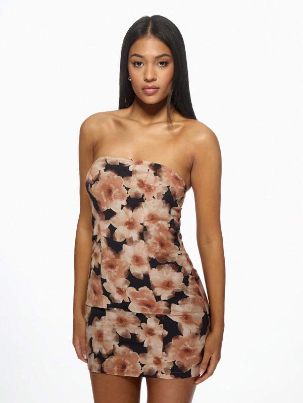 missguided MISSGUIDED Floral Print Strapless Bodycon Mini Dress